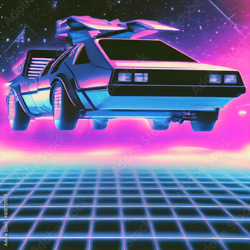 Back to the future flying space, synth wave, digital art, Generate AI