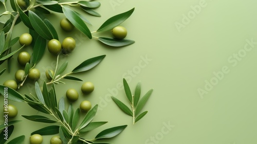 Wallpaper Mural Background olive branch on a green background. green olives. olive oil. green banner. copy space. generative ai Torontodigital.ca
