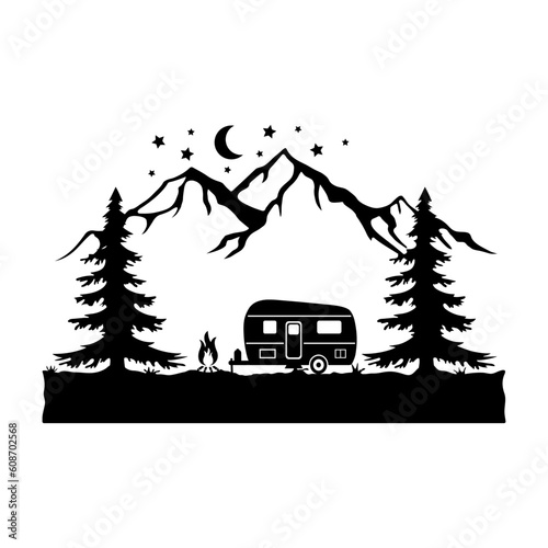 Camper in the Wild, Camping in Nature, Hand Drawn Vector Illustration 