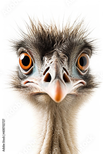 An ostrich looks at the camera with a white background. Generative AI.