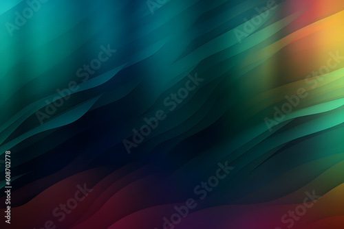 Generative AI illustration of abstract undulating background with greenish and orange curved lines that are reflected on the surface