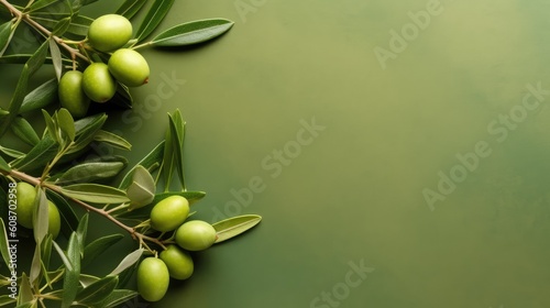 Wallpaper Mural Background olive branch on a green background. green olives. olive oil. green banner. copy space. generative ai Torontodigital.ca