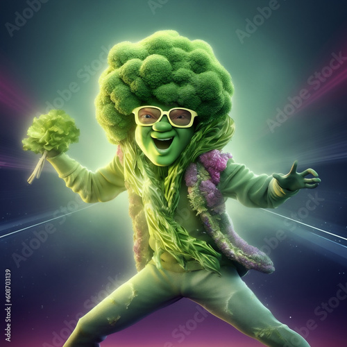 Disco broccoli character on the background of the dance floor. DJ.
