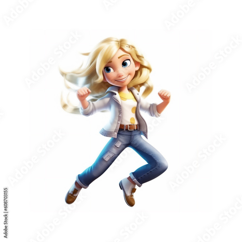 Girl character jumping in the air on a white background. AI