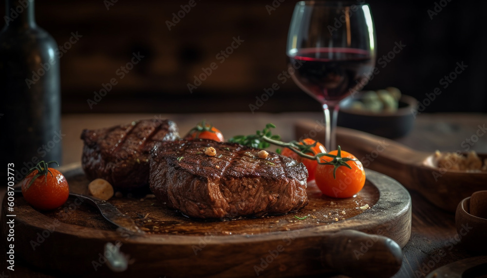 Grilled sirloin steak fillet with herb spice, fresh tomato and wine generated by AI
