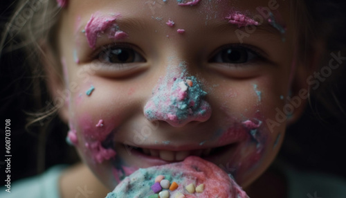 Cute Caucasian girl enjoys messy chocolate candy at birthday party generated by AI