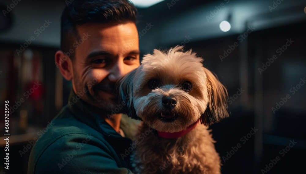 One man with beard standing, holding cute puppy outdoors generated by AI One man with beard standing, holding cute puppy outdoors generated by AI