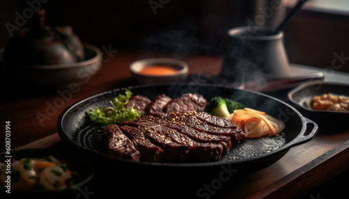 Grilled sirloin steak with vegetables, cooked to perfection on charcoal generated by AI