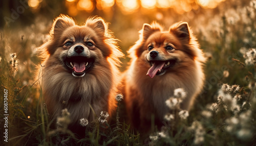 Sun kissed pups play in meadow, obedient to nature beauty generated by AI