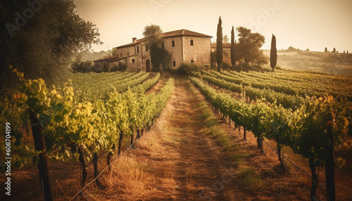 Rows of grape vines bask in sunlight, producing Chianti wine generated by AI
