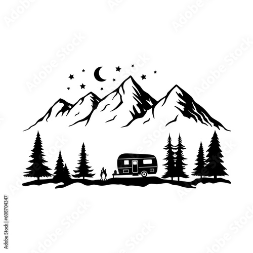 Camper in the Woods and Mountain, Camping in the Nature, Hand Drawn Vector Illustration