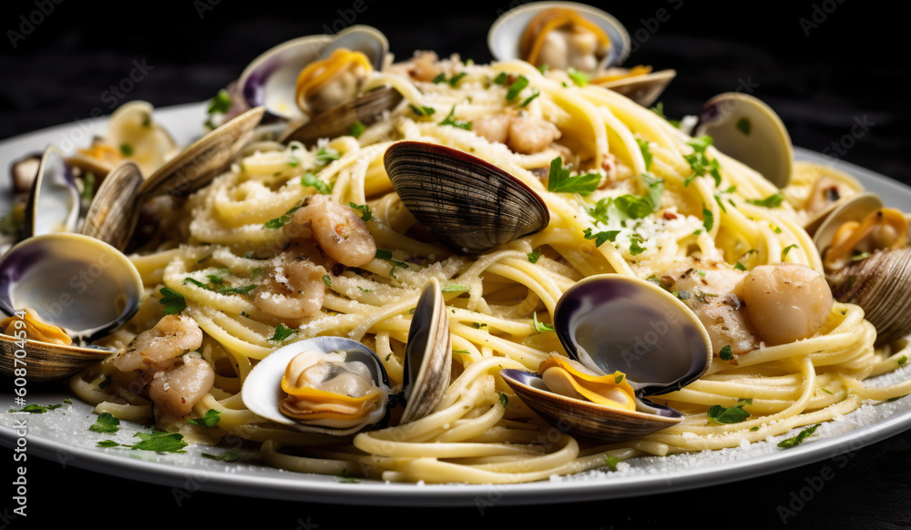 A plate of pasta with clams and shrimp. Generative AI.