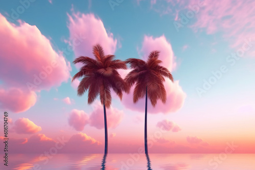 Two pink palm trees over the sea. Generative AI photo