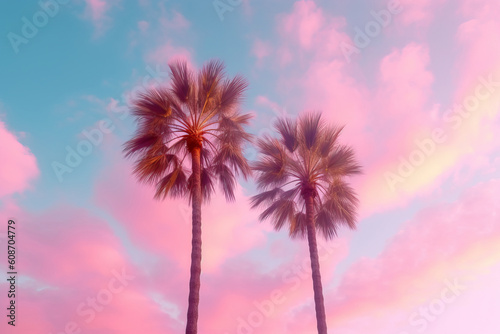 Two pink palm trees under a sky with clouds. Generative AI