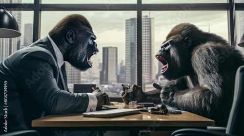 Gorillas arguing at a business meeting. Generative ai