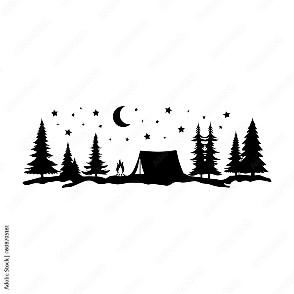 Camping in the Woods under the Moon and Stars, Tent in the Forest, Hand Drawn Vector Illustration - obrazy, fototapety, plakaty 