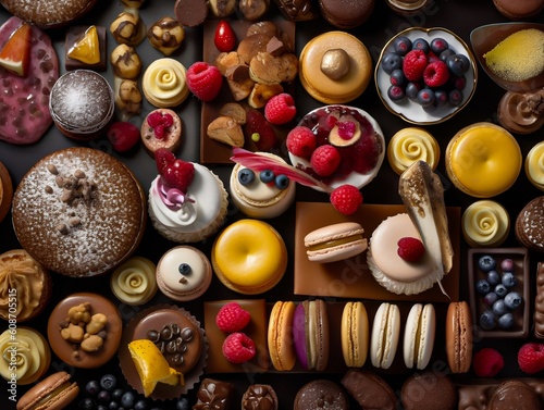 Delight in a heavenly assortment of delectable sweets: an enchanting display of pastries, cakes, and confections.