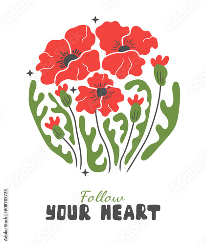 Abstract red flower posters. Organic circle shapes in trendy naive retro hippie 60s 70s style. Poppy with motivational phrase
