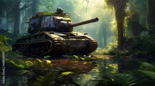 Old Military Equipment In The Rainforest. Illustration On The Theme Of Wars And Conflicts, Events And Weapons, Travel And History. Generative AI
