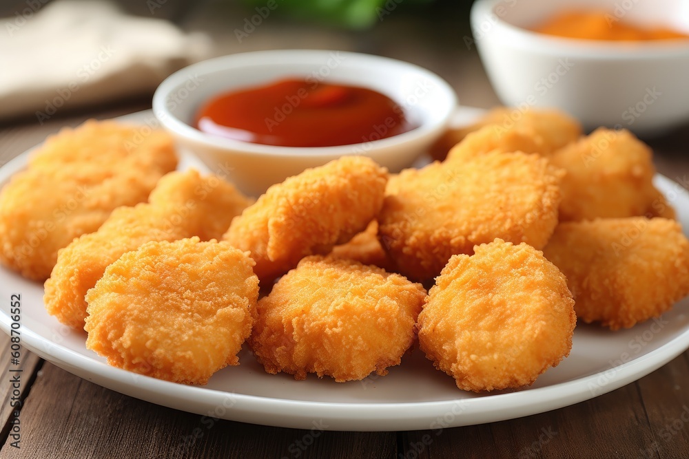 Crispy chicken nuggets with sauce on a plate. Generative ai. Crispy chicken nuggets with sauce on a plate. Generative ai.