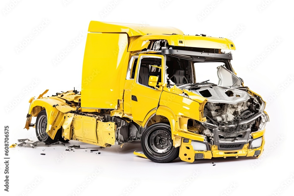 Damaged after an accident yellow truck isolated on a white background. Generative ai.