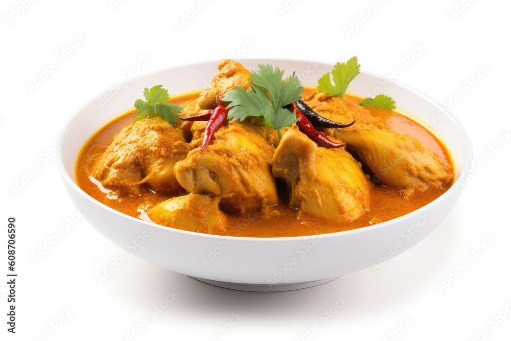 Traditional Indian dish of chicken curry on a white background. Generative ai. Traditional Indian dish of chicken curry on a white background. Generative ai.