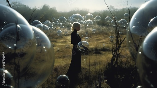 a woman standing in a field with bubbles. Generative AI Art. photo