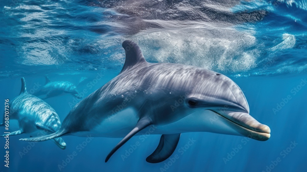 Naklejka premium Dolphin is swimming in the ocean with its mouth open. The water is blue and the sky is clear