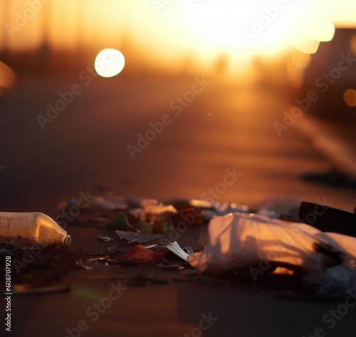 Garbage on the road at sunset 