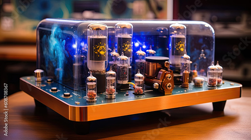 3D Valve amplifier with glowing vacuum tubes photo