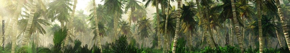 Fototapeta premium Jungle, beautiful rainforest in the fog, palm trees in the haze, jungle in the morning in the fog, 3D rendering