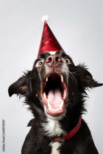 Cute dog celebrating with a red party hat. Generative AI