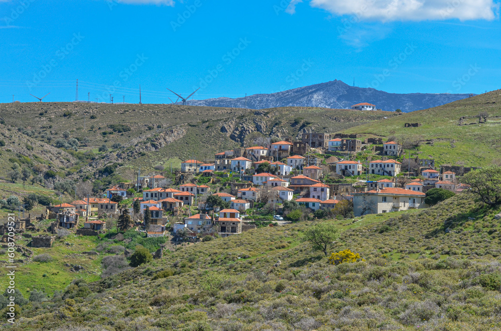 scenic view of old Kucukbahce village on Karaburun Peninsula (Izmir province, Turkiye)