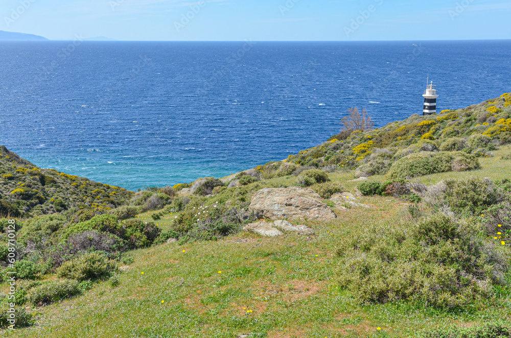 scenic view of Aegean Sea and Sarpincik lighthouse on Karaburun Peninsula (Izmir province, Turkiye)