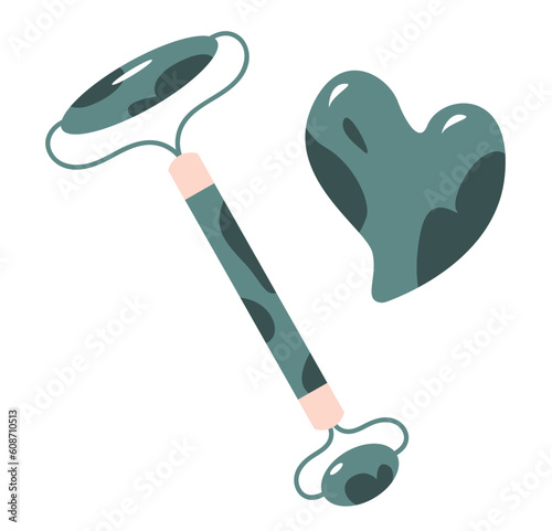 Face roller and jade face gua sha stone scraper. Beauty facial massage. Flat vector illustration.