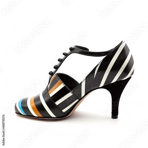 pair of stylish tango shoes featuring a striped pattern and decorated with colorful flowers. Perfect for argentine tango or milonga dancing anouncements, AI Generative