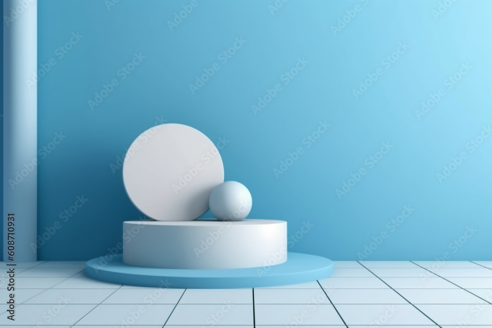 Minimal scene with podium and abstract background. Pastel blue and white colors scene. AI generative Minimal scene with podium and abstract background. Pastel blue and white colors scene. AI generative