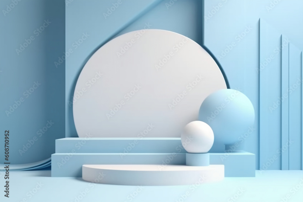 Minimal scene with podium and abstract background. Pastel blue and white colors scene. AI generative Minimal scene with podium and abstract background. Pastel blue and white colors scene. AI generative