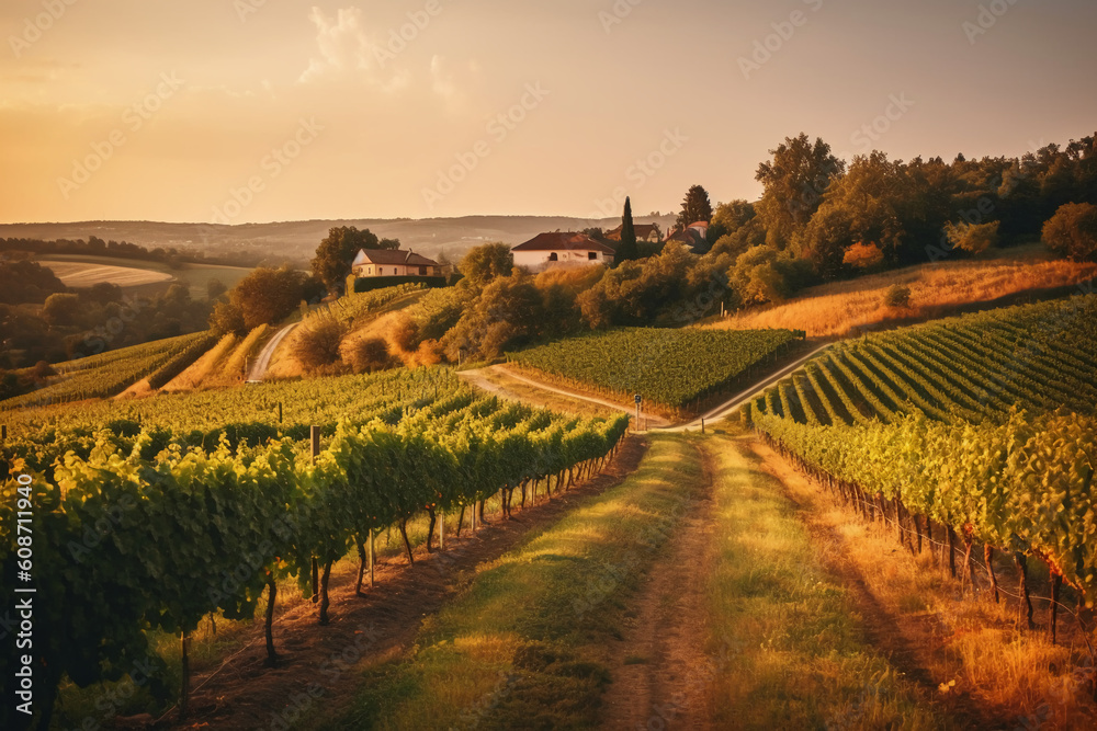 Vineyards with grapevine and winery along wine road in the evening sun. AI generative
