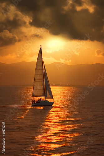 Sails, sunset, sail boat sails or windsurfing. AI generative