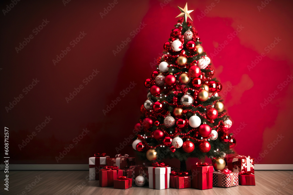 Delightful Dark Red and Green Christmas Tree with Red and White Decorations. Generative AI