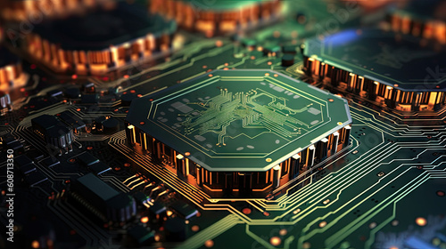 Futuristic circuit board with glowing hexagon processors