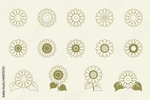 レトロな雰囲気のヒマワリの線画アイコンセット