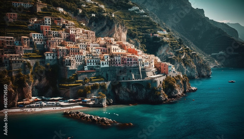 Amalfi Coast cliff lined coastline offers idyllic Mediterranean travel destinations generated by AI