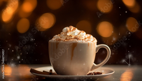 A frothy hot chocolate with whipped cream and marshmallow decoration generated by AI
