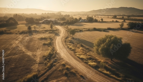 The tranquil sunrise vanishing into the panoramic mountain landscape generated by AI