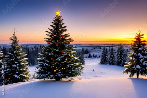 ホワイトクリスマスの屋外、夜の風景デコレーションされたクリスマスツリー © sky studio