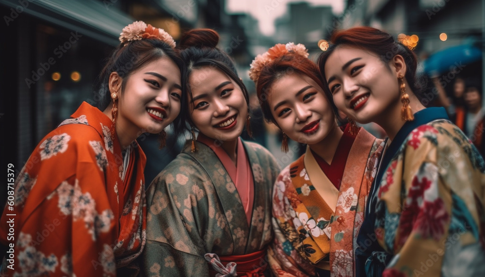 Three young women in traditional clothing celebrate with toothy smiles generated by AI