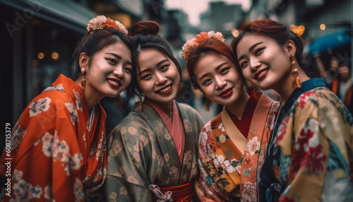 Three young women in traditional clothing celebrate with toothy smiles generated by AI