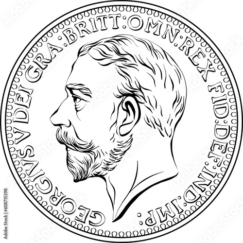 Vector money bronze coin British farthing , king George V on obverse. Black and white